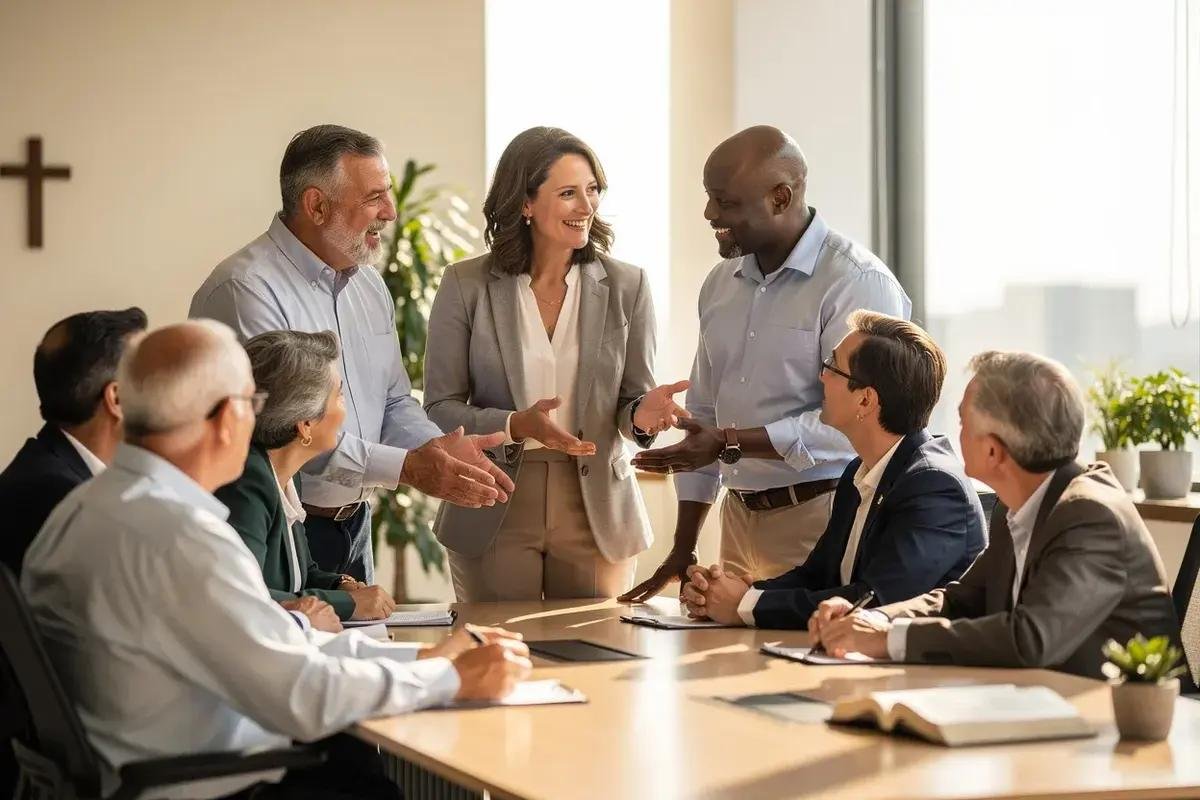 Business leaders discussing strategy in a professional roundtable